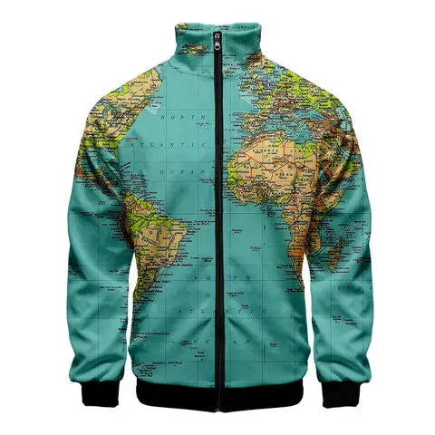 Harajuku Popular World Map 3D Print Zipper Raglan Jacket Windbreaker Boys/Girls Comfortable Stand Collar Jackets Coats