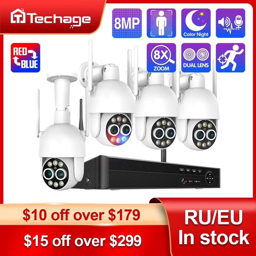 Techage PTZ 8MP Dual Lens 8CH Wireless Surveillance Security System Human Detection Auto Track WIFI NVR Camera Kit Two Way Audio
Techage PTZ 8MP Dual Lens 8CH Wireless Surveillance Security System Human Detection Auto Track WIFI NVR Camera Kit Two Way Audio