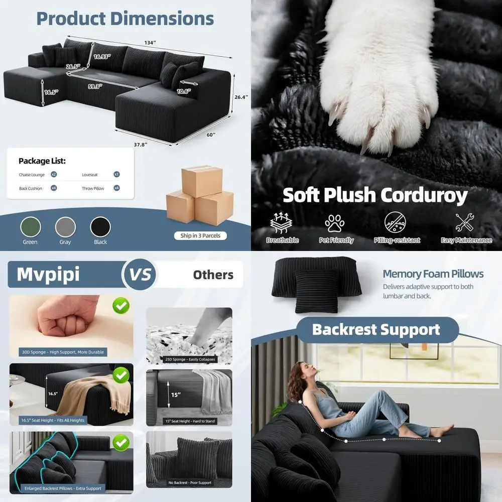 U-Shaped Sectional Sofa, 134 Deep Seat Couch, Corduroy Fabric, 2 Chaise Lounges, 1 Loveseat, High-Resilience Foam, Black
U-Shaped Sectional Sofa, 134 Deep Seat Couch, Corduroy Fabric, 2 Chaise Lounges, 1 Loveseat, High-Resilience Foam, Black
