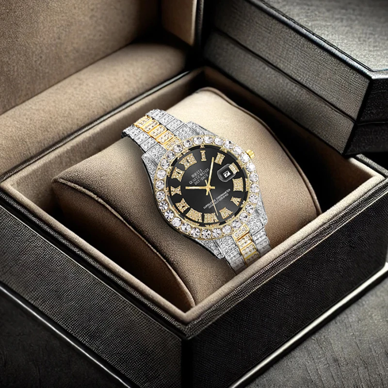 Роскошные мужские часы с крупными цифрами, полностью инкрустированные кристаллами, с двухцветным металлическим ремешком и кварцевым механизмом.
Роскошные мужские часы с крупными цифрами, полностью инкрустированные кристаллами, с двухцветным металлическим ремешком и кварцевым механизмом.