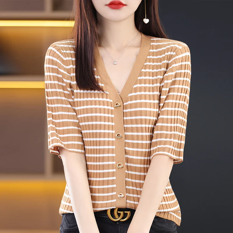 2023 New Summer Women's 100% Lyocell Knit Cardigan Summer Short Sleeve Comfortable Soft Tops Female Striped Shirt Women Clothing
2023 New Summer Women's 100% Lyocell Knit Cardigan Summer Short Sleeve Comfortable Soft Tops Female Striped Shirt Women Clothing
