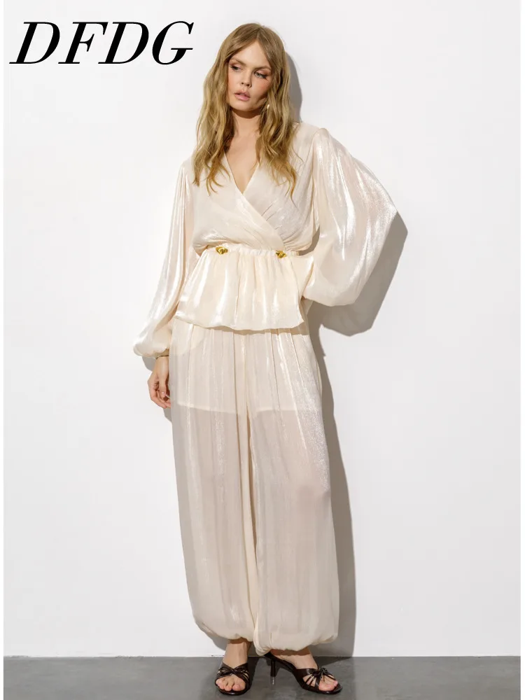 DFDG Women 2026 Spring Summer Two Piece Outfit V Neck Lantern Sleeve Peplum Blouse High Waist Wide Leg Pants Elegant Casual Set
DFDG Women 2026 Spring Summer Two Piece Outfit V Neck Lantern Sleeve Peplum Blouse High Waist Wide Leg Pants Elegant Casual Set