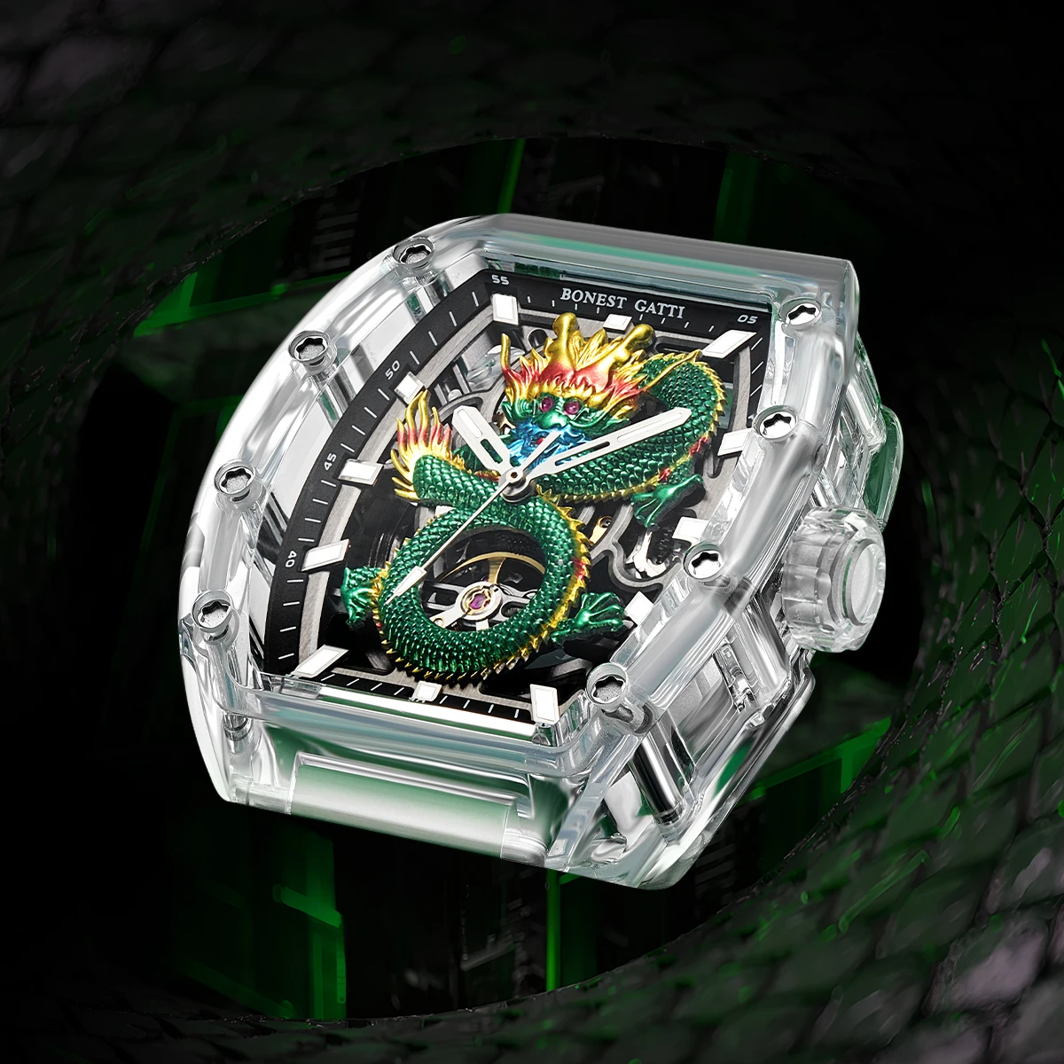 Bonest Gatti Custom Logo Luxury Glass Watch Case Watch Mirror Hollow Out Mechanical Automatic Watch
Bonest Gatti Custom Logo Luxury Glass Watch Case Watch Mirror Hollow Out Mechanical Automatic Watch