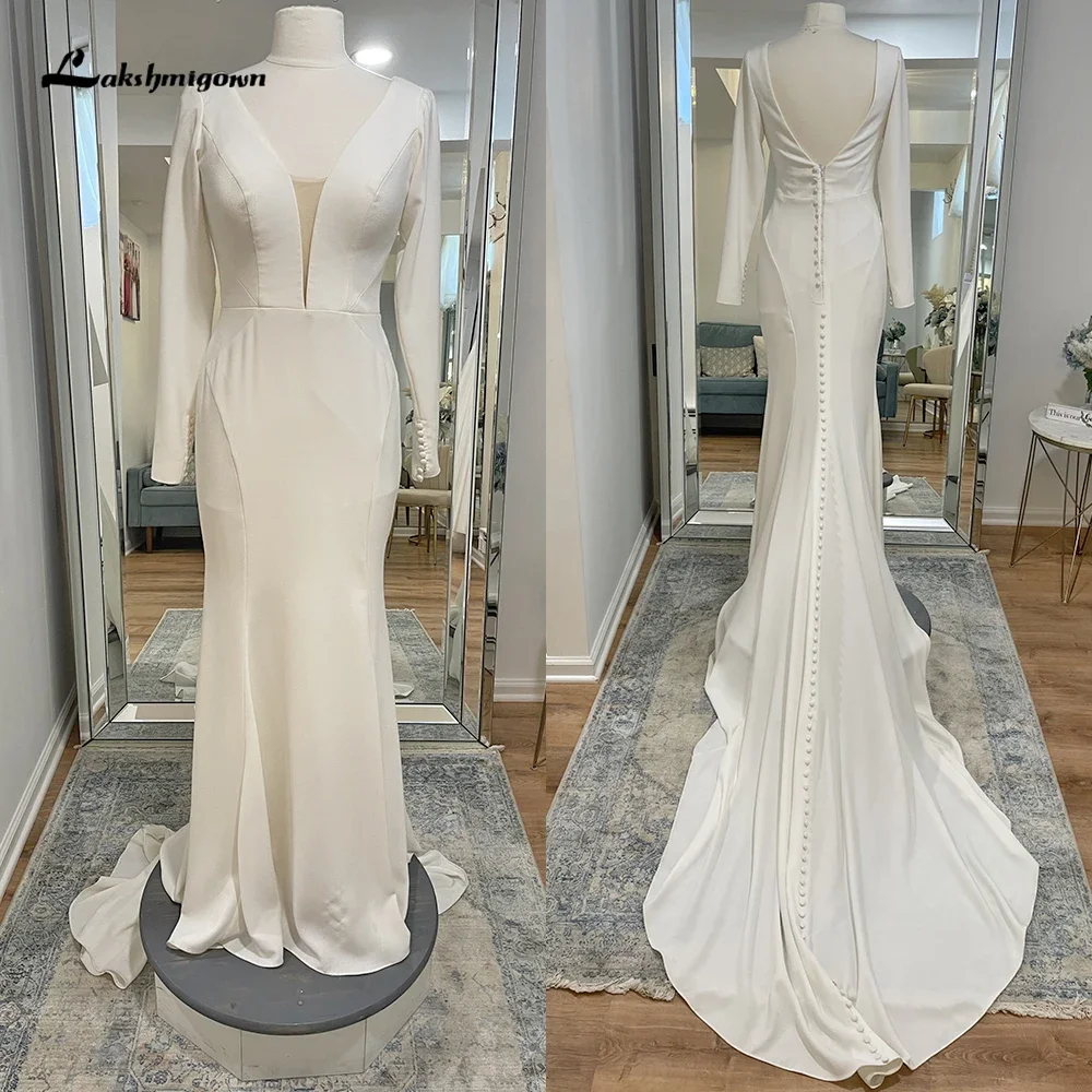 Simple Sexy Deep V Neck Long Cap Sleeve Open Back Button Satin Mermaid Wedding Dress Custom For Women Boho Bride Gown Sweep Robe
Simple Sexy Deep V Neck Long Cap Sleeve Open Back Button Satin Mermaid Wedding Dress Custom For Women Boho Bride Gown Sweep Robe