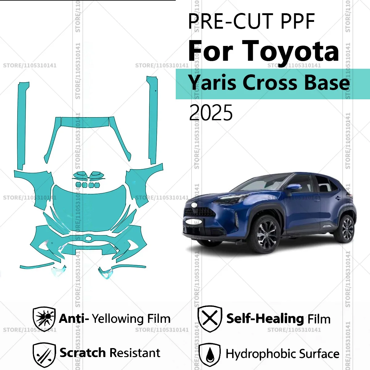 Предварительно нарезанная прозрачная защитная пленка PPF для автомобиля, комплект для передней части и порогов для Toyota Yaris Cross Base 2025
Предварительно нарезанная прозрачная защитная пленка PPF для автомобиля, комплект для передней части и порогов для Toyota Yaris Cross Base 2025