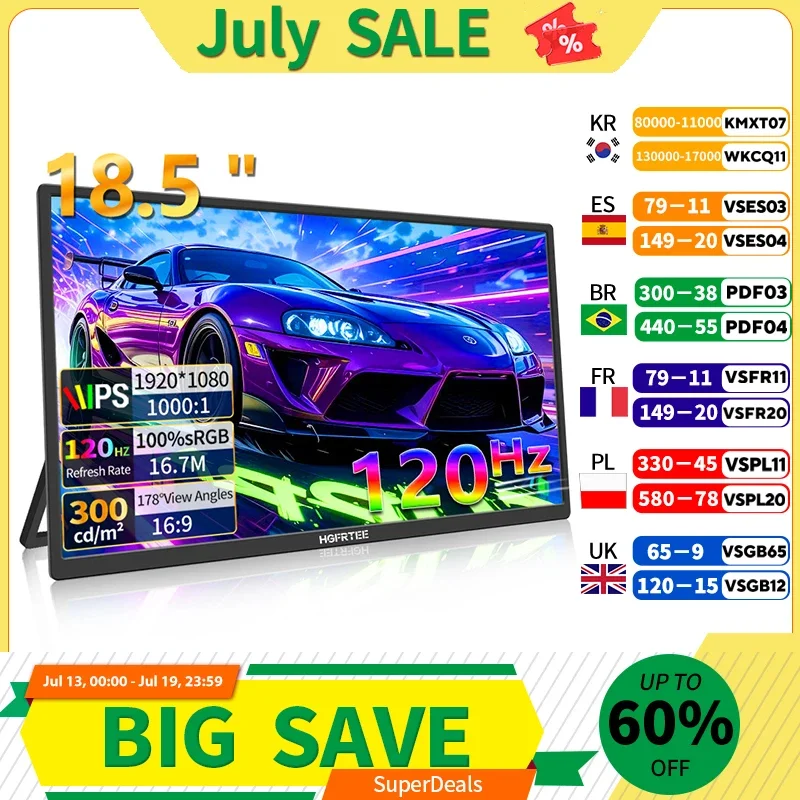 HGFRTEE Portable Monitor 18.5inch 120Hz Resolution Travel Size Gaming Display with USB-C Connection for Laptop PC Game Consoles