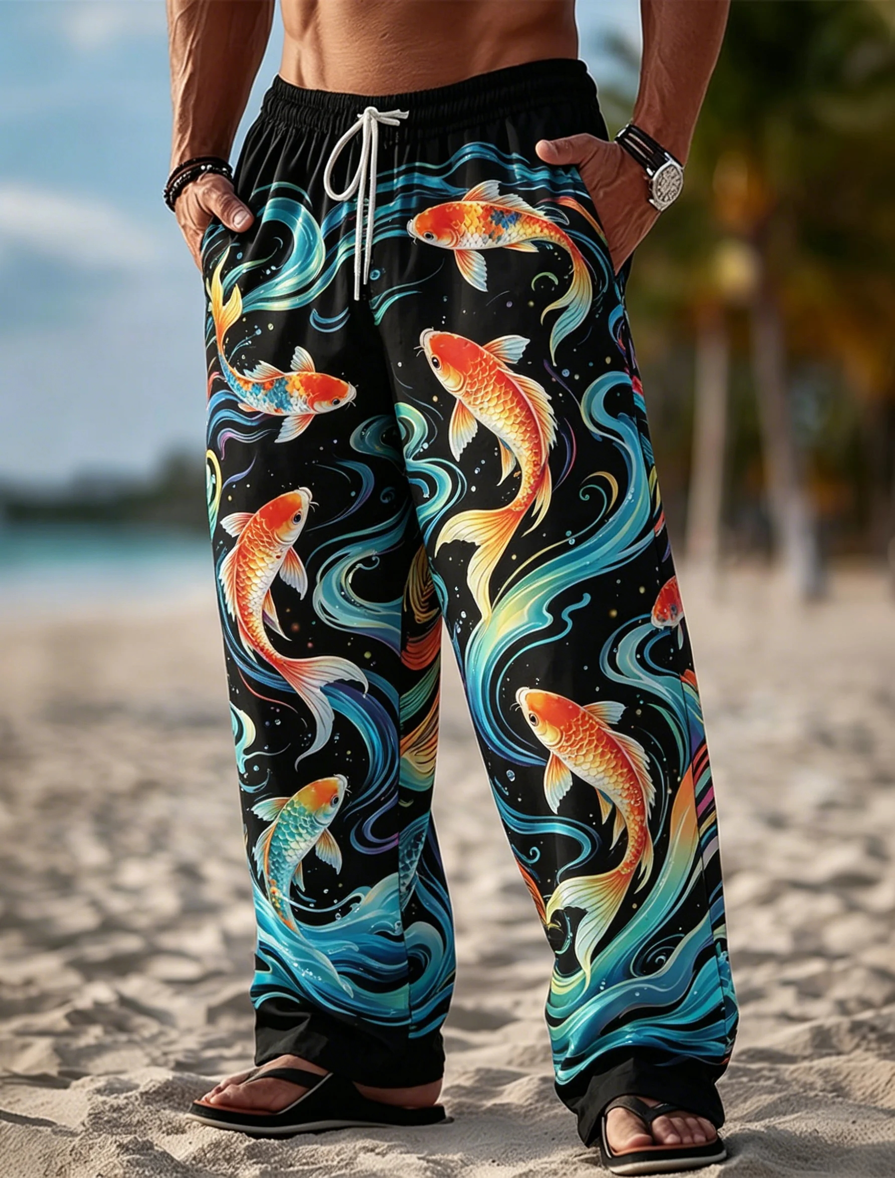 Men's Drawstring Waist Colorful Koi Fish & Wave Print Long Pants, Relaxed Loose Fit for Spring Summer Beach Daily Casual Outfits
Men's Drawstring Waist Colorful Koi Fish & Wave Print Long Pants, Relaxed Loose Fit for Spring Summer Beach Daily Casual Outfits