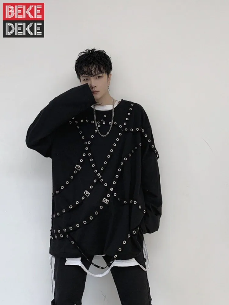 Spring Autumn Mens Designer O Neck Rivet Black T Shirt High Street Loose Fit Long Sleeve Casual Fashion Males Pullover T Shirts
Spring Autumn Mens Designer O Neck Rivet Black T Shirt High Street Loose Fit Long Sleeve Casual Fashion Males Pullover T Shirts