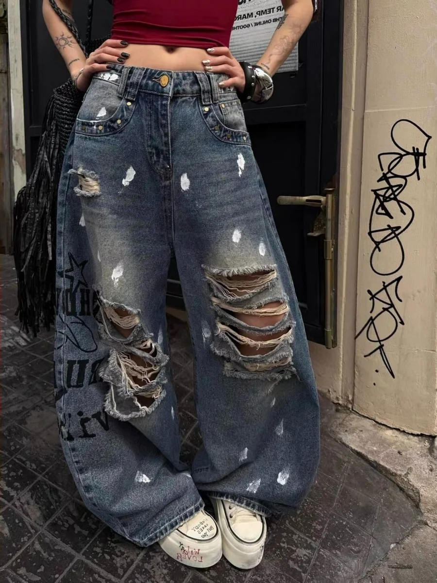 American Retro Letter Print Hole Denim Jeans Women Summer New High Street Loose Slim Wide Leg Floor-Length Pants
American Retro Letter Print Hole Denim Jeans Women Summer New High Street Loose Slim Wide Leg Floor-Length Pants
