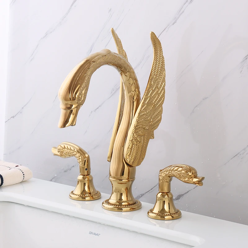 All copper gold double handle three hole basin cold and hot water swan faucet washbasin split faucet light luxury faucet
All copper gold double handle three hole basin cold and hot water swan faucet washbasin split faucet light luxury faucet