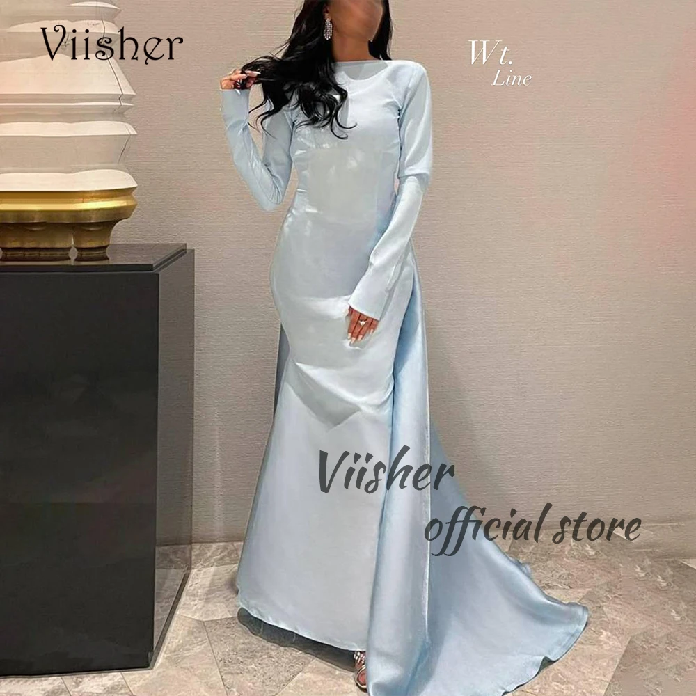 Sky Blue Satin Mermaid Evening Dresses Long Sleeve O Neck Arabian Dubai Prom Dress with Train Backless Formal Occasion Gowns
Sky Blue Satin Mermaid Evening Dresses Long Sleeve O Neck Arabian Dubai Prom Dress with Train Backless Formal Occasion Gowns