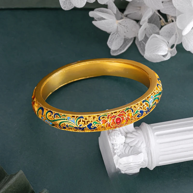 Luxury 24K Solid Gold Enamel Peony Flower Hollow Out Bangle Bracelet For Women, Chinese Trendy Jewelry Blooming Peony Wristlet
Luxury 24K Solid Gold Enamel Peony Flower Hollow Out Bangle Bracelet For Women, Chinese Trendy Jewelry Blooming Peony Wristlet