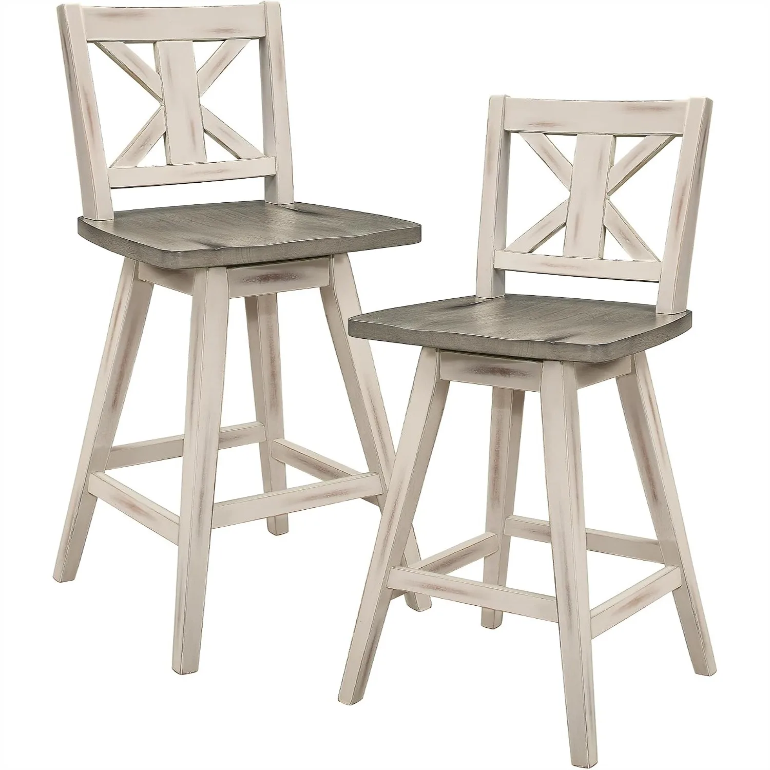 Solid Wood Counter Height Stools Set of 2 with 360° Swivel Seat, X Back, Wide Seat, Foot Rest, Distressed Farmhouse Finish, 24
Solid Wood Counter Height Stools Set of 2 with 360° Swivel Seat, X Back, Wide Seat, Foot Rest, Distressed Farmhouse Finish, 24
