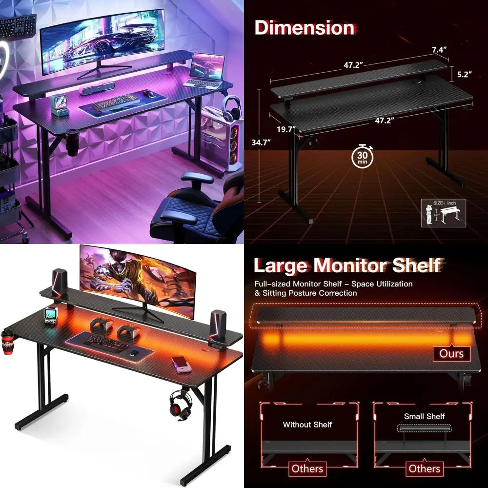 LED-Illuminated 47 Gaming Desk with Monitor Shelf, Carbon Fiber Textured Desk for Kids and Adults
LED-Illuminated 47 Gaming Desk with Monitor Shelf, Carbon Fiber Textured Desk for Kids and Adults