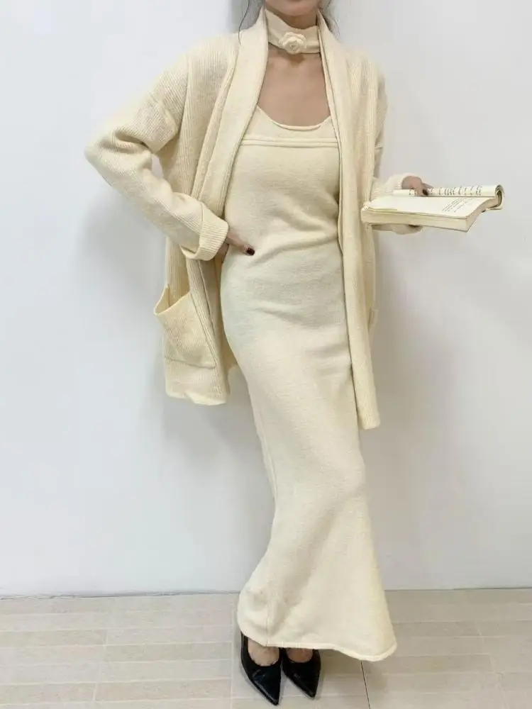Autumn Winter Korean Version Women Solid Long Sleeved Cardigan Knitted Sweater Tops And Sleeveless Vest Dress Two-piece Set Chic
Autumn Winter Korean Version Women Solid Long Sleeved Cardigan Knitted Sweater Tops And Sleeveless Vest Dress Two-piece Set Chic