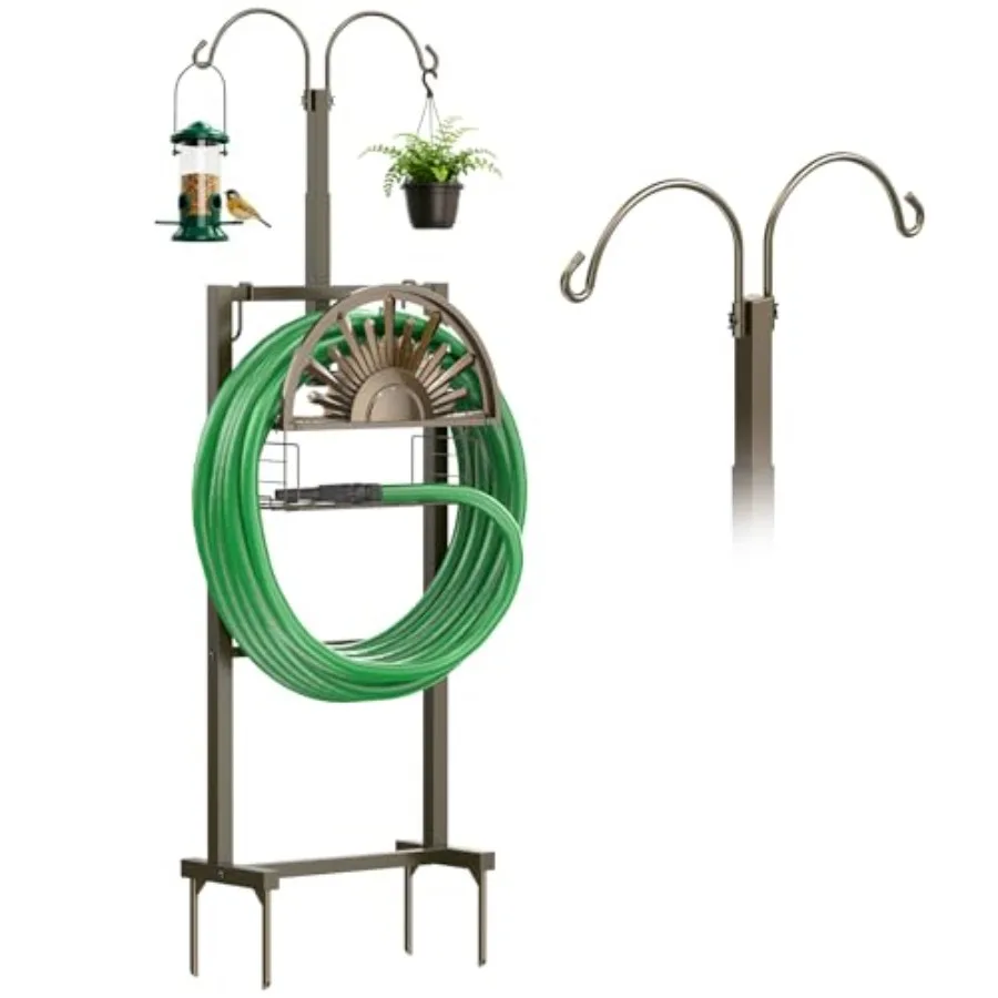 Heavy Duty Garden Hose Reel with 2 Shepherds Hooks Holds 150-Feet of 5/8 Inch Hose 77Inch Freestanding Hose Hanger with Storage
Heavy Duty Garden Hose Reel with 2 Shepherds Hooks Holds 150-Feet of 5/8 Inch Hose 77Inch Freestanding Hose Hanger with Storage