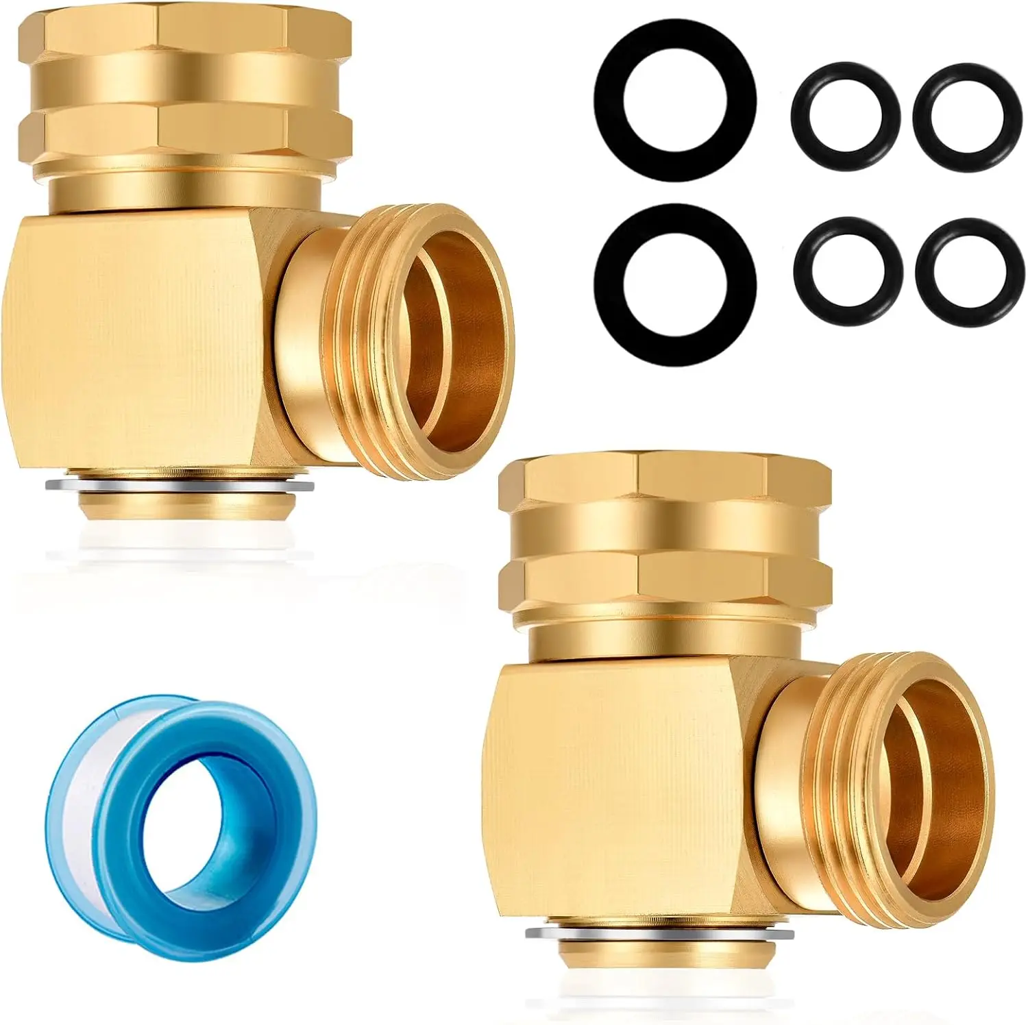 Garden Hose Swivel Elbow Connector 90 Degree Brass Fittings for Kink Proof Hose with Washers and Sealing Tape (2 Pack)
Garden Hose Swivel Elbow Connector 90 Degree Brass Fittings for Kink Proof Hose with Washers and Sealing Tape (2 Pack)