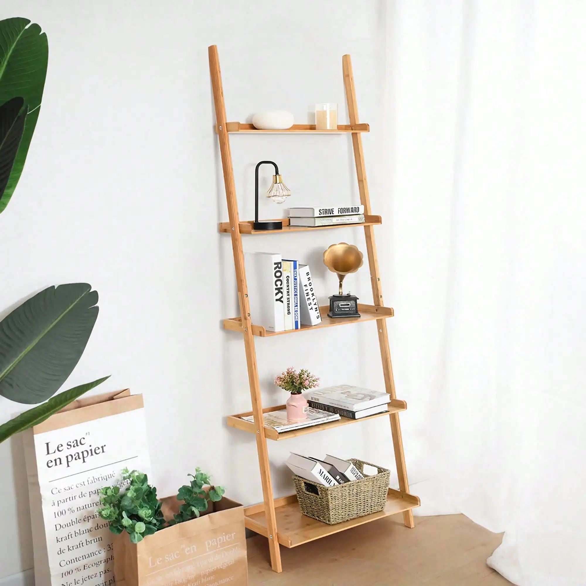 5-Tier Ladder Shelf Bamboo Bookshelf Wall-Leaning Storage Display Plant Stand
5-Tier Ladder Shelf Bamboo Bookshelf Wall-Leaning Storage Display Plant Stand