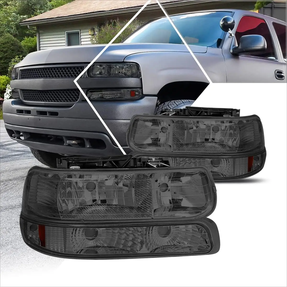 4 шт. фары в сборе + бамперные фары, совместимые с 99-02 Chevy Silverado/00-06, пригородные, дымчатые линзы, янтарный угол
4 шт. фары в сборе + бамперные фары, совместимые с 99-02 Chevy Silverado/00-06, пригородные, дымчатые линзы, янтарный угол