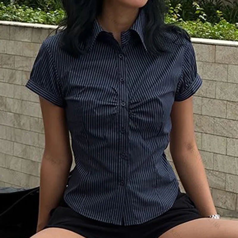 European and American retro striped navy blue lapel short sleeved shirt top summer high street sexy spicy girl style T-shirt top
European and American retro striped navy blue lapel short sleeved shirt top summer high street sexy spicy girl style T-shirt top