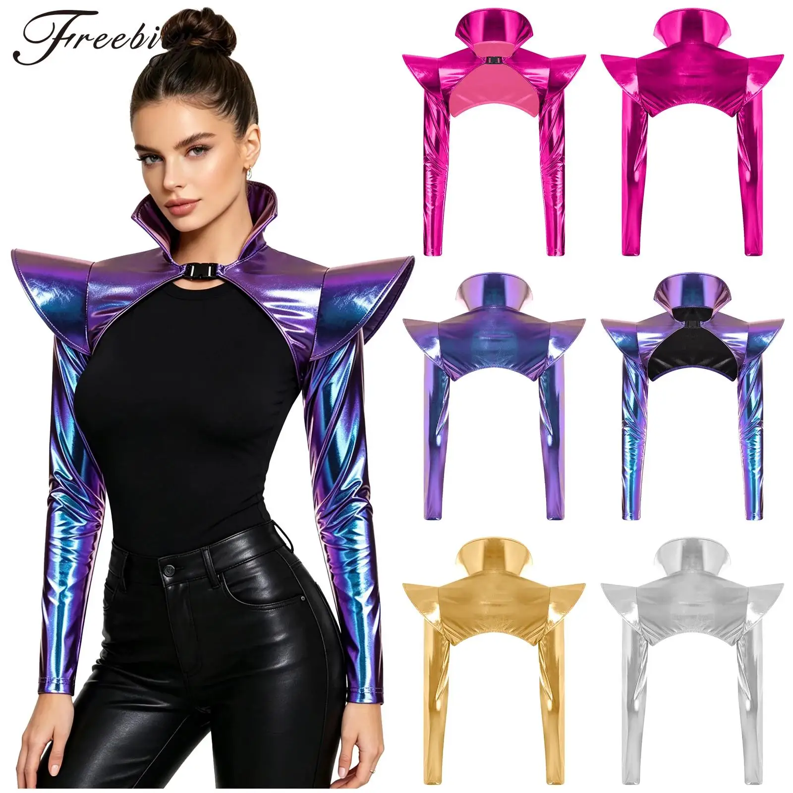 Women Shiny Metallic Shrugs Armor Crop Top Long Sleeves Stand Collar Open Front Gothic Clubwear with Buckle
Women Shiny Metallic Shrugs Armor Crop Top Long Sleeves Stand Collar Open Front Gothic Clubwear with Buckle