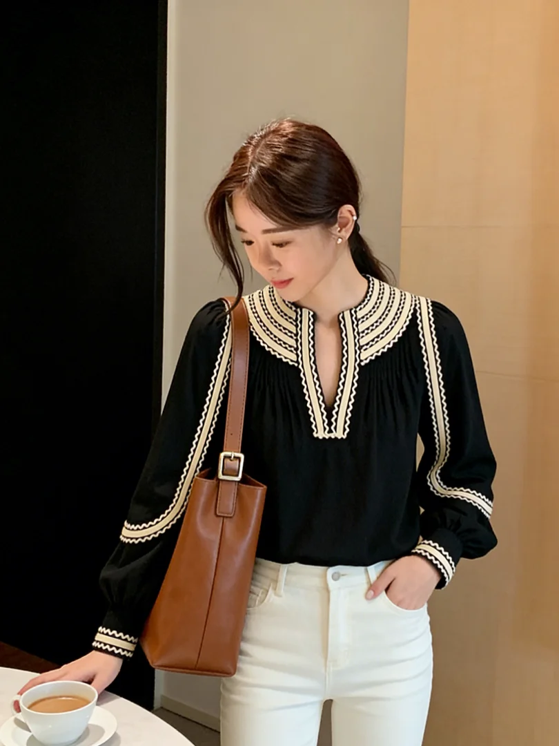 Эксклюзивный черный топ с V-образным вырезом в корейском стиле, элитный, красивый, роскошный, повседневный, свободного кроя, с длинным рукавом, весна 2026
Эксклюзивный черный топ с V-образным вырезом в корейском стиле, элитный, красивый, роскошный, повседневный, свободного кроя, с длинным рукавом, весна 2026