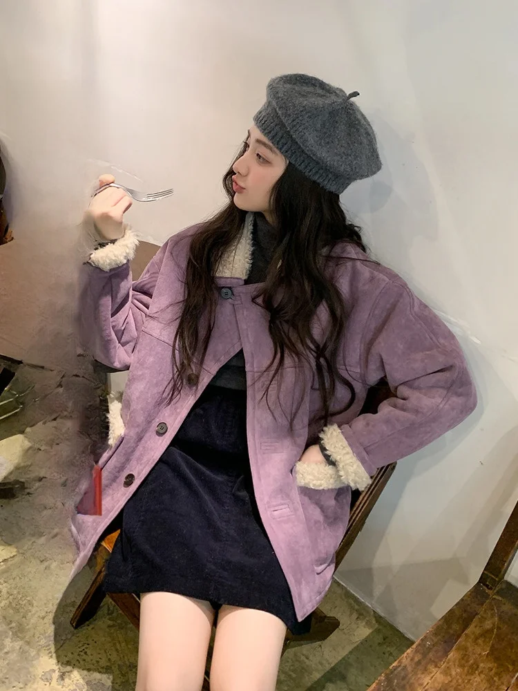 Purple Lamb Fur Jaet Women's Winter Thiened Suede Warm Coat with Fur Collar Modern Sle Long Sve Mid-Length Outerwear
Purple Lamb Fur Jaet Women's Winter Thiened Suede Warm Coat with Fur Collar Modern Sle Long Sve Mid-Length Outerwear