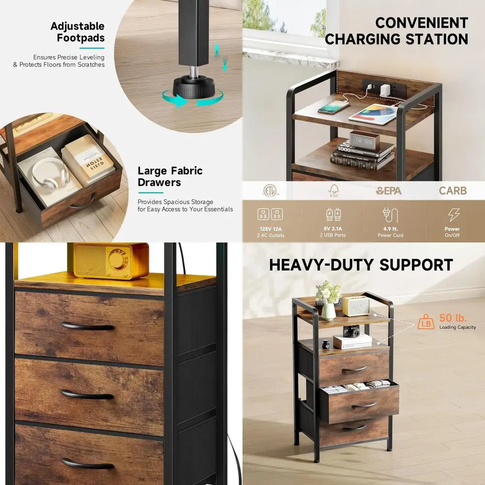 Rustic Brown Nightstand with Charging Station, LED Light, Storage Shelf, and Fabric Drawers
Rustic Brown Nightstand with Charging Station, LED Light, Storage Shelf, and Fabric Drawers