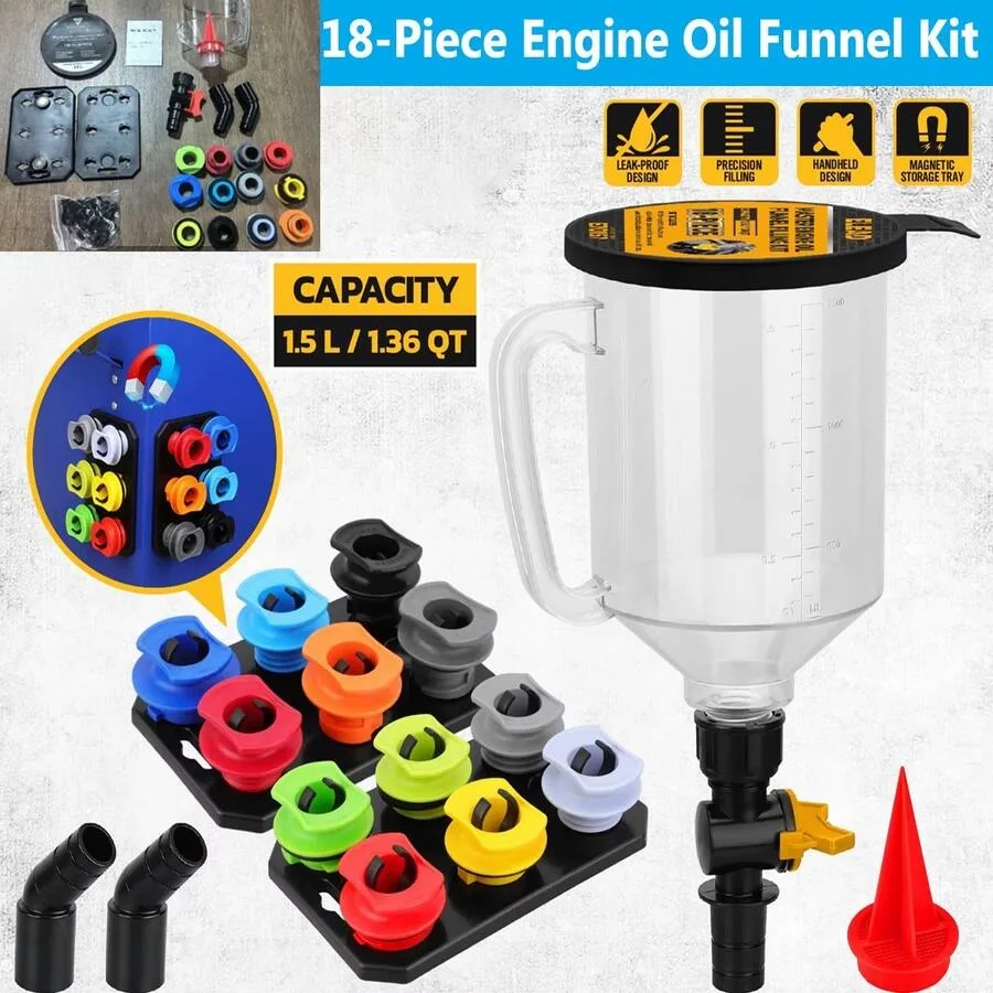 18 Piece Engine Oil Funnel Kit, 1.59QT/1.5L Automotive Oil Funnel Set With 12 Adapters, Elbow Fitting, Arrow Screen And Magneti
18 Piece Engine Oil Funnel Kit, 1.59QT/1.5L Automotive Oil Funnel Set With 12 Adapters, Elbow Fitting, Arrow Screen And Magneti