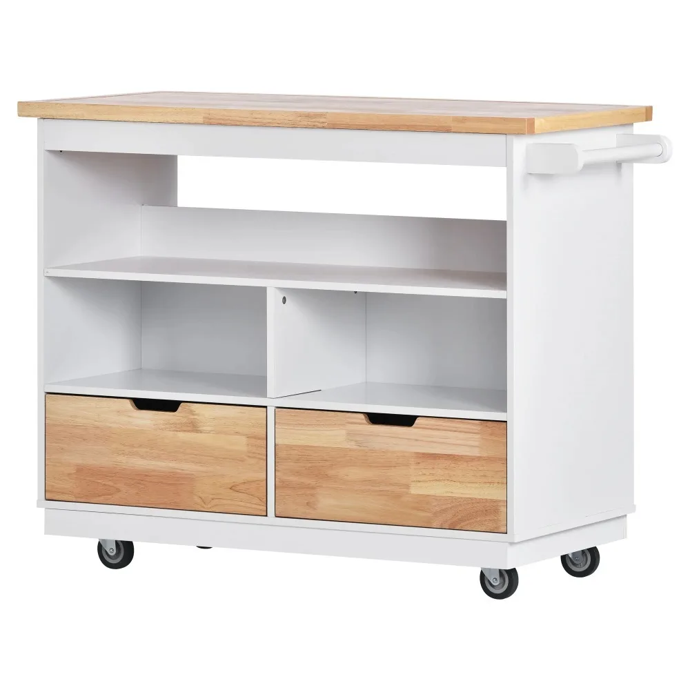 43''x36'' Rolling Kitchen Island with Rubber Wood Tabletop and Storage,Kitchen Cart with 2 Drawers, 3 Open Compartments
43''x36'' Rolling Kitchen Island with Rubber Wood Tabletop and Storage,Kitchen Cart with 2 Drawers, 3 Open Compartments