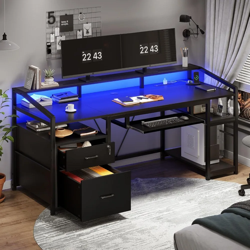 63" Computer Desk, Office Desk with Lockable Drawers for Legal/Letter File, Gaming Desk with LED Lights & Power Outlet, Office
63" Computer Desk, Office Desk with Lockable Drawers for Legal/Letter File, Gaming Desk with LED Lights & Power Outlet, Office