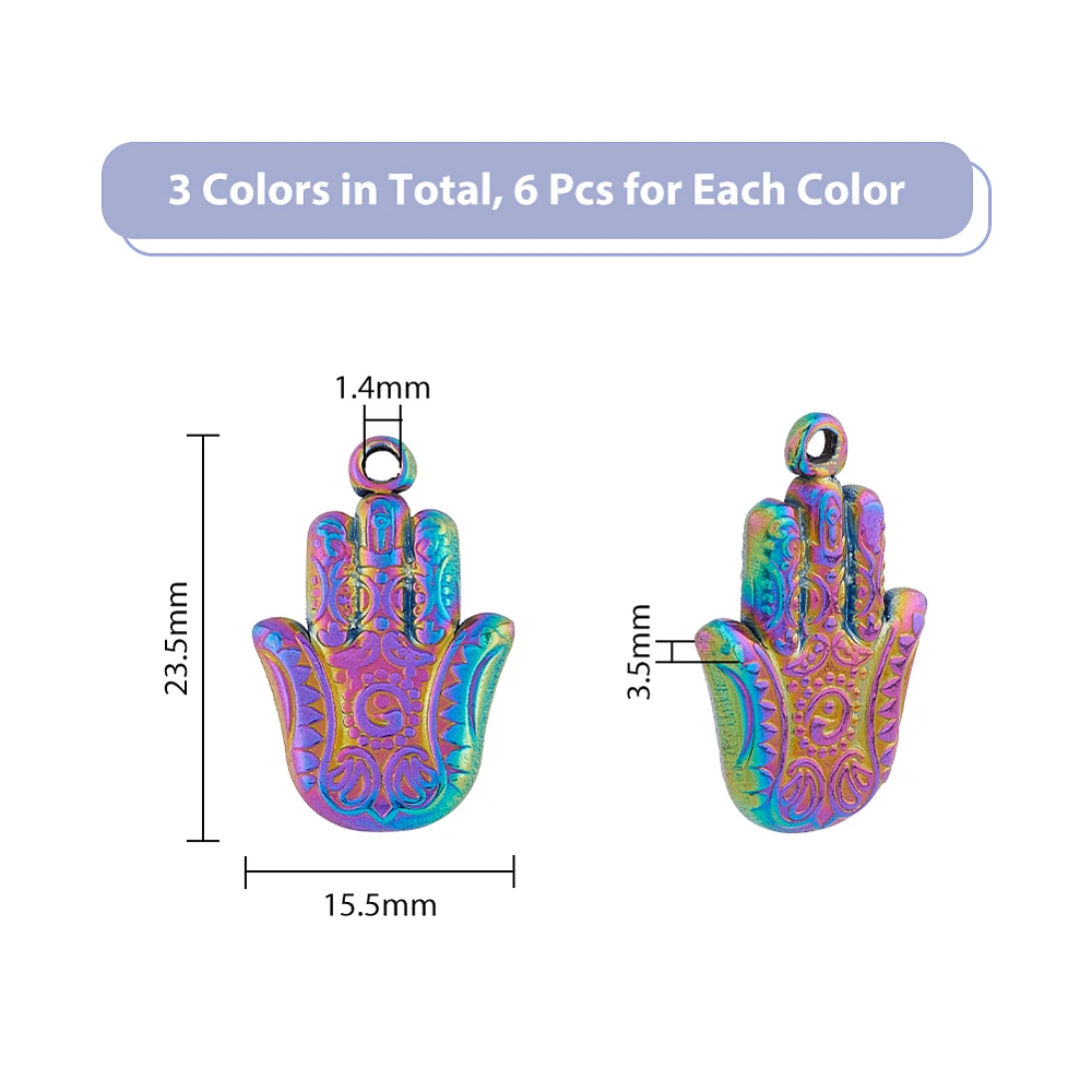 18Pcs 3 Colors 201 Stainless Steel Pendants Ion Plating(IP) Hamsa Hand/Hand of Miriam Mixed Color 23.5x15.5x3.5mm Hole: 1.4mm
18Pcs 3 Colors 201 Stainless Steel Pendants Ion Plating(IP) Hamsa Hand/Hand of Miriam Mixed Color 23.5x15.5x3.5mm Hole: 1.4mm