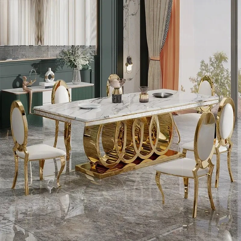 Light luxury stainless marble rectangular dining table large apartment shop gold dining table metal frame living room
Light luxury stainless marble rectangular dining table large apartment shop gold dining table metal frame living room