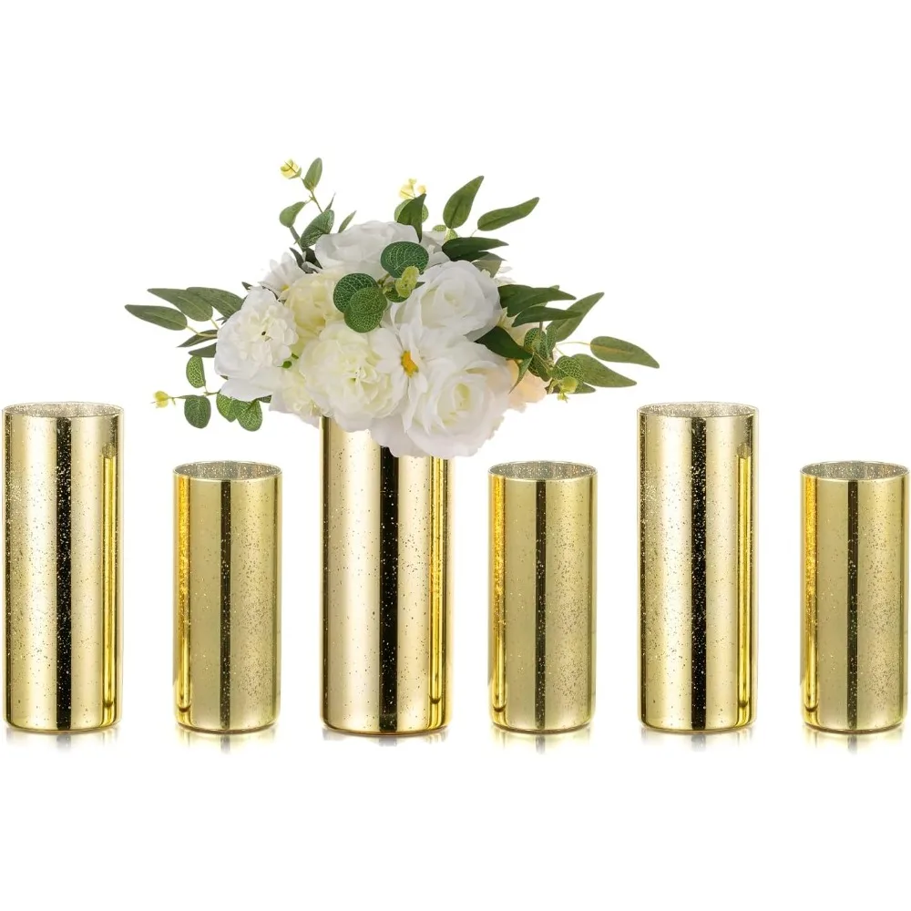 Glass Cylinder Vases Set of 6, Glittery Gold Vase for Centerpieces,Hurricane Candle Holders for Pillar or Floating Candle
Glass Cylinder Vases Set of 6, Glittery Gold Vase for Centerpieces,Hurricane Candle Holders for Pillar or Floating Candle