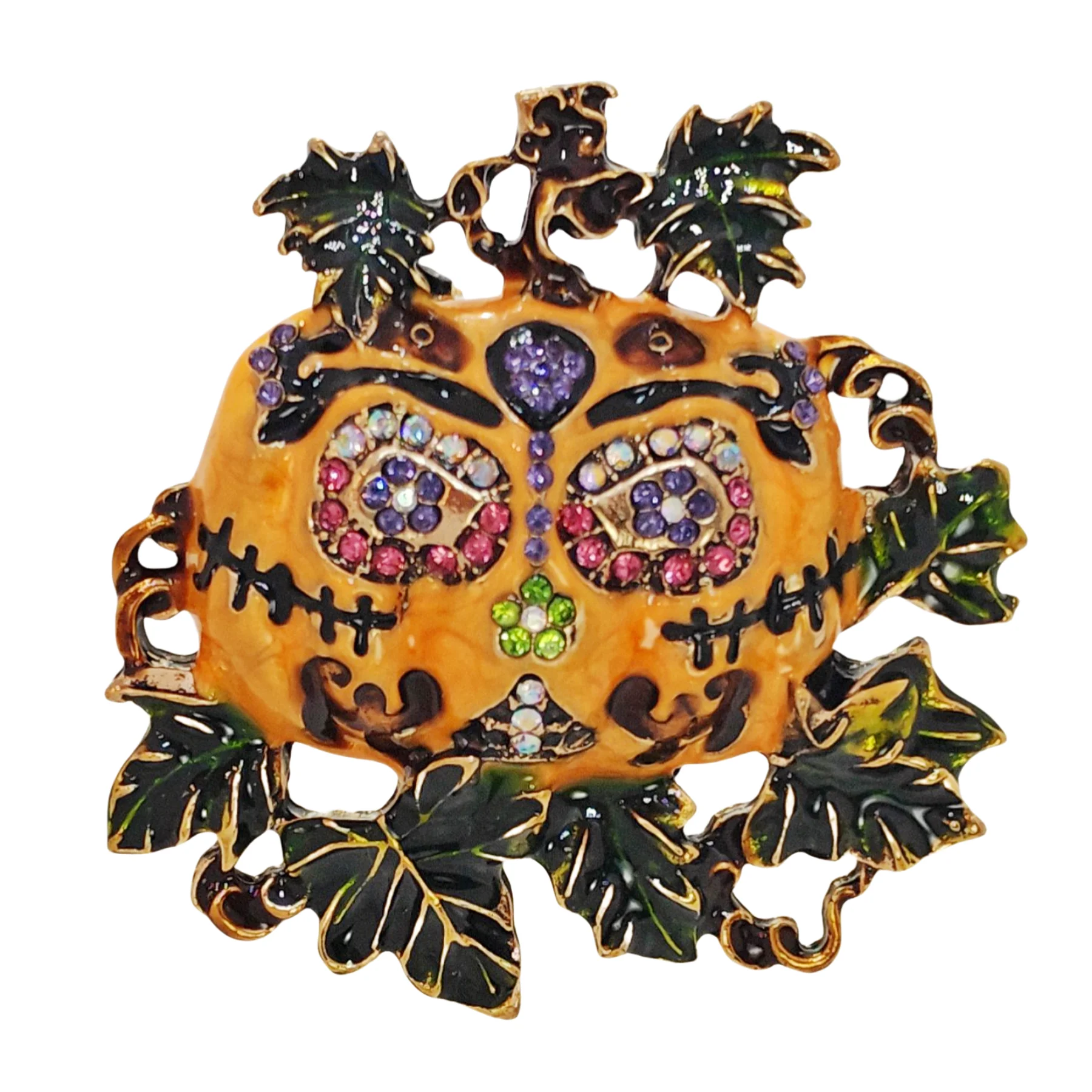 Spooky Vintage Crystal &Green Vine Accent Enamel Halloween Pumpkin Brooch Pin
Spooky Vintage Crystal &Green Vine Accent Enamel Halloween Pumpkin Brooch Pin