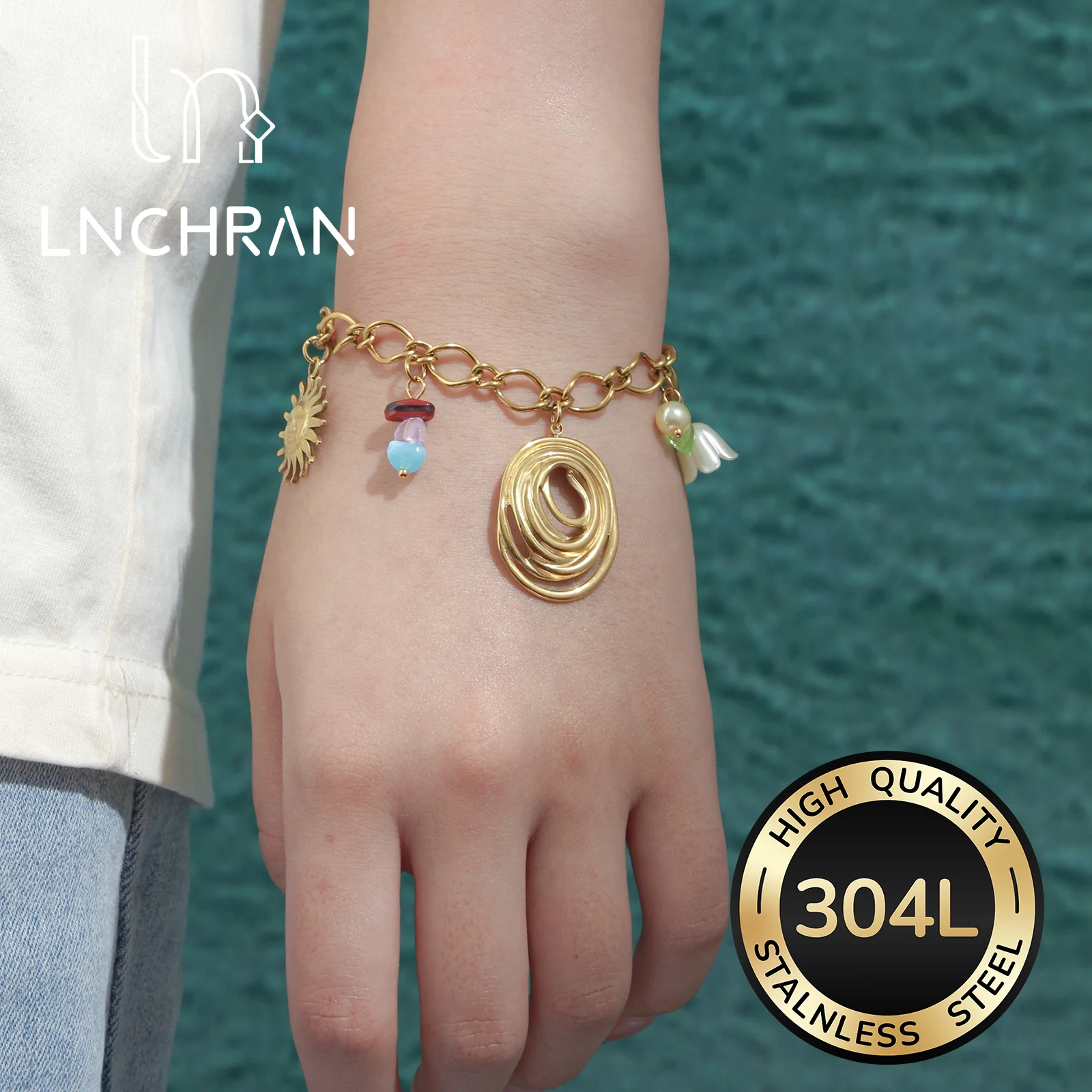 Golden Stainless Steel Sun Heart Charm Bracelet with Flower and Crystal Beads for Women
Golden Stainless Steel Sun Heart Charm Bracelet with Flower and Crystal Beads for Women