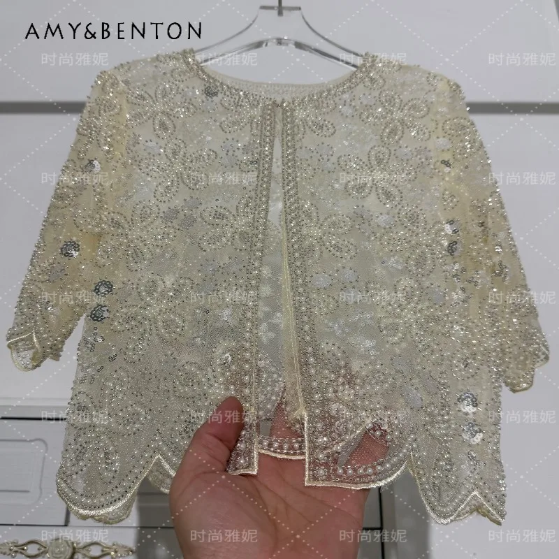 Fashion Round Neck Lace Cardigan Shirt Women's Summer Thin Short-sleeved Sequin Pearl Beaded Blusas Atmosphere Niche Tops Blouse
Fashion Round Neck Lace Cardigan Shirt Women's Summer Thin Short-sleeved Sequin Pearl Beaded Blusas Atmosphere Niche Tops Blouse