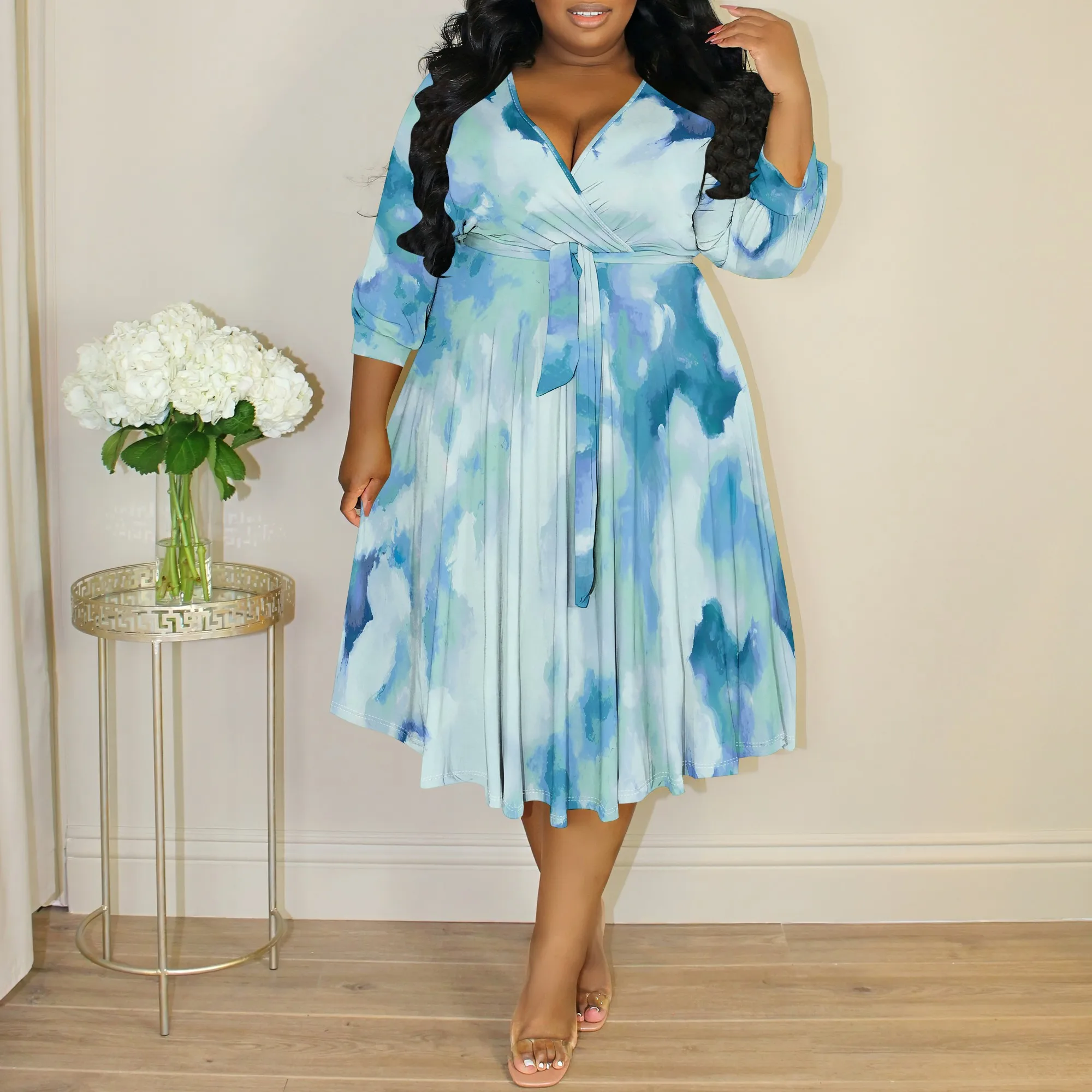 Plus Size Geometric Plaid V Neck Midi Dress with Belt 3/4 Sleeve Casual Dress for Women
Plus Size Geometric Plaid V Neck Midi Dress with Belt 3/4 Sleeve Casual Dress for Women