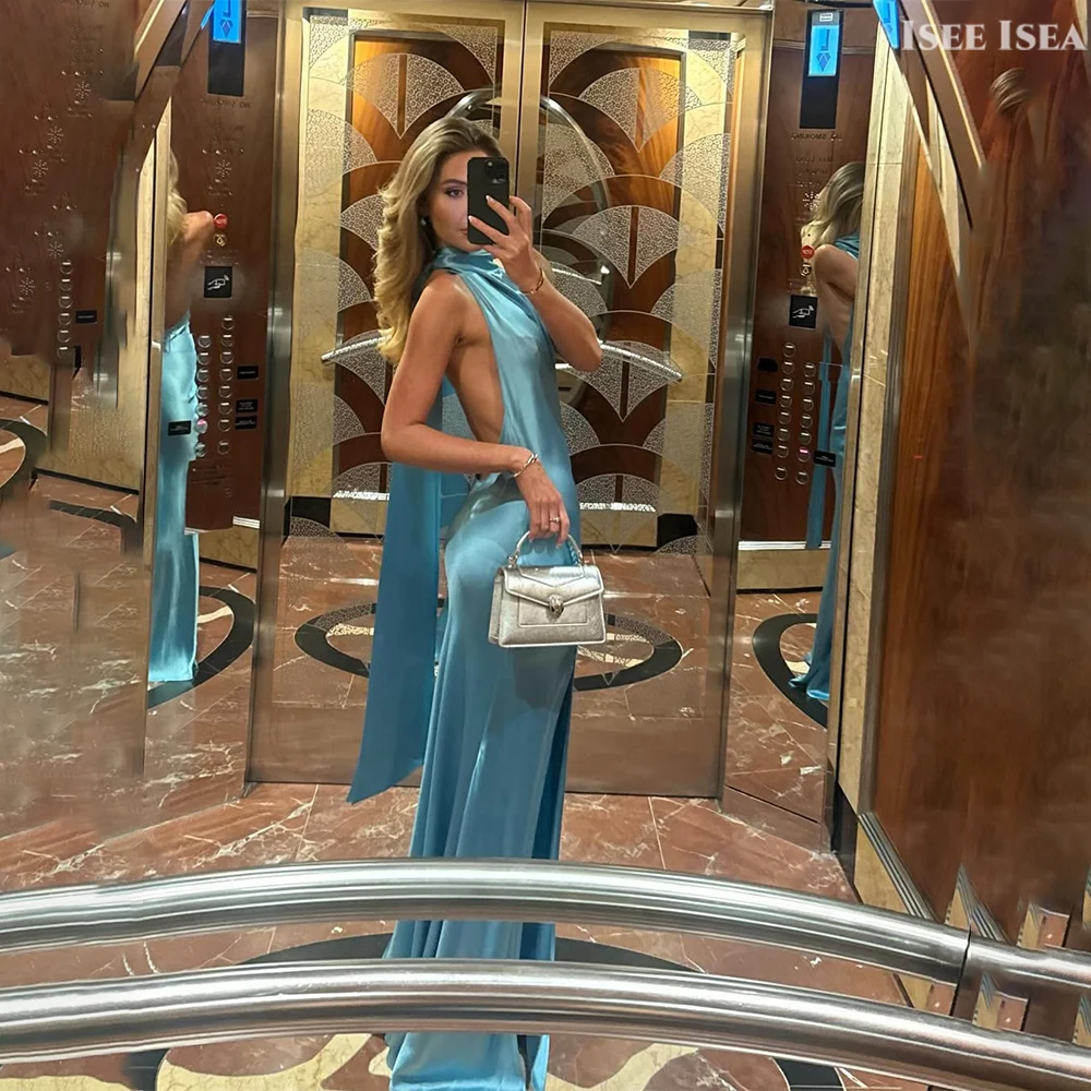 Blue Evening Dresses 2025 Sexy Backless Satin Halter Dinner Gown Floor-Length Sleevelss Simple Wedding Guest Dress Customized 
Blue Evening Dresses 2025 Sexy Backless Satin Halter Dinner Gown Floor-Length Sleevelss Simple Wedding Guest Dress Customized