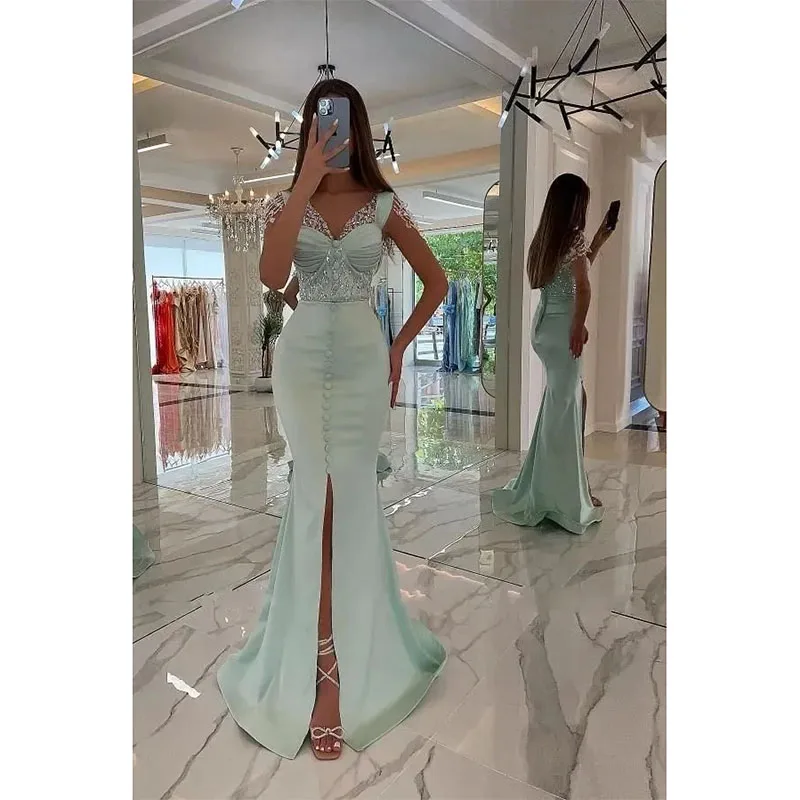 Customized Elegant Sequins Beaded Mermaid Evening Dress Sage Satin Sexy V-Neck Front Split Buttons Party Gowns For Women 2025
Customized Elegant Sequins Beaded Mermaid Evening Dress Sage Satin Sexy V-Neck Front Split Buttons Party Gowns For Women 2025