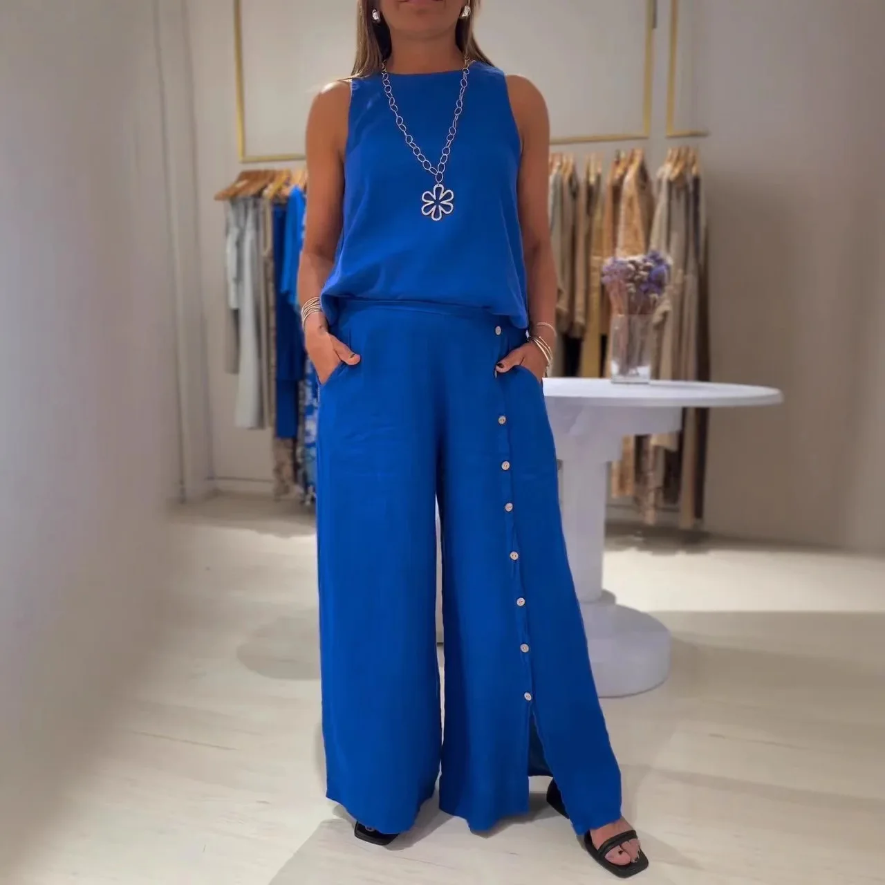 Fashion Button Slit Wide Leg Pants Woman Suit Summer Casual Retro Cotton Linen Short Sleeve O Neck Loose Pants 2 Pieces Women's
Fashion Button Slit Wide Leg Pants Woman Suit Summer Casual Retro Cotton Linen Short Sleeve O Neck Loose Pants 2 Pieces Women's