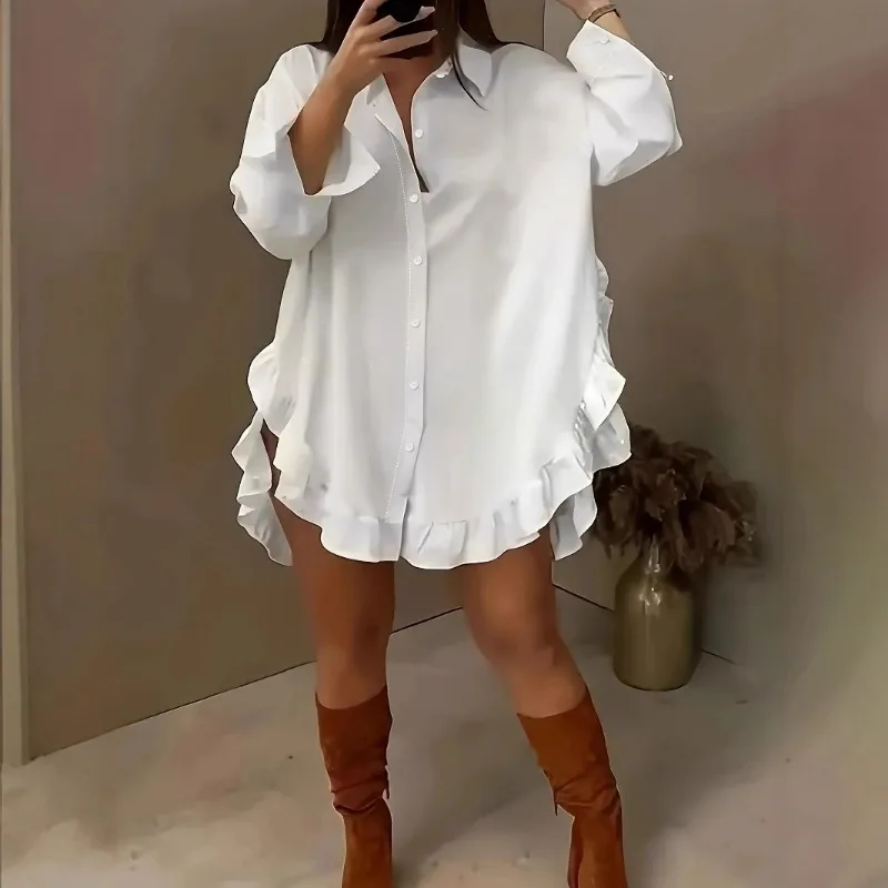 Women Ruffle Hem Button Down Shirt Loose Solid Color Long Sleeve Blouse Summer Casual Tunic Top
Women Ruffle Hem Button Down Shirt Loose Solid Color Long Sleeve Blouse Summer Casual Tunic Top