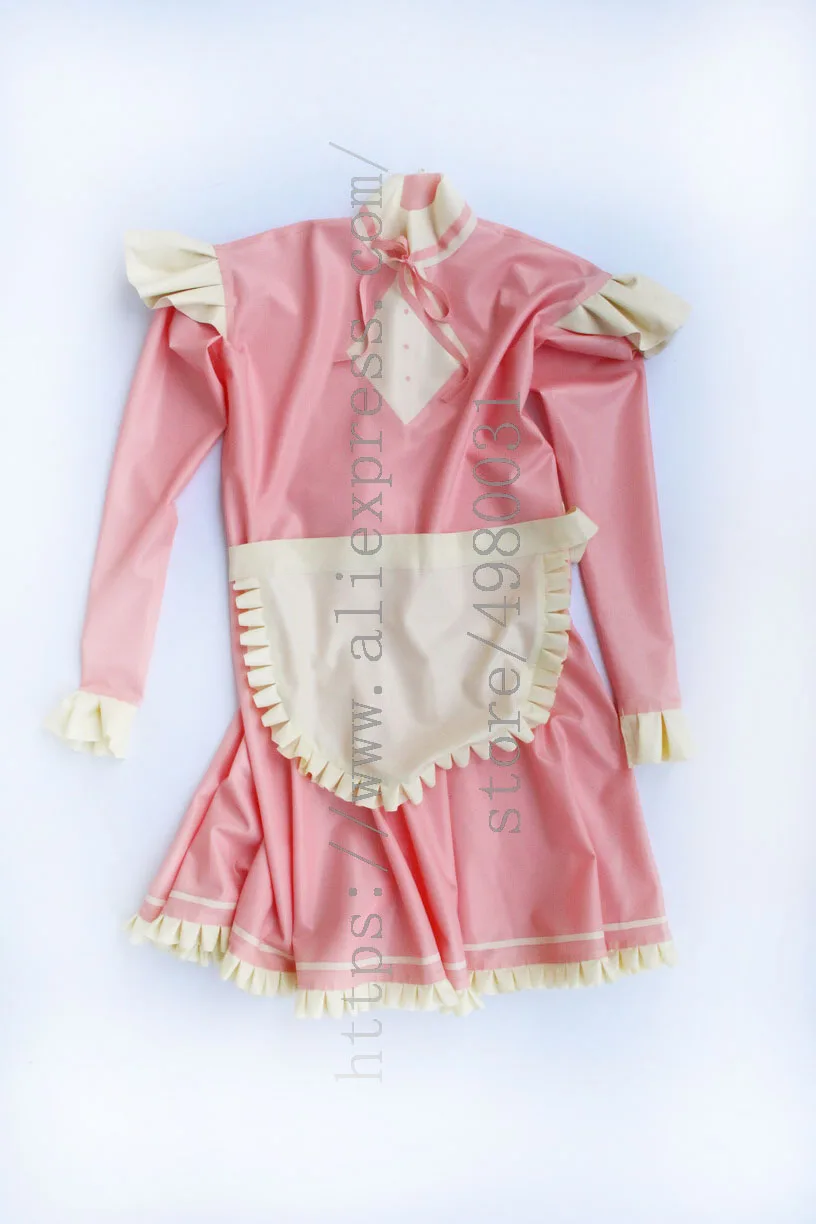 Novelty maid uniform latex dress with white apron and back zip in baby pink color
Novelty maid uniform latex dress with white apron and back zip in baby pink color