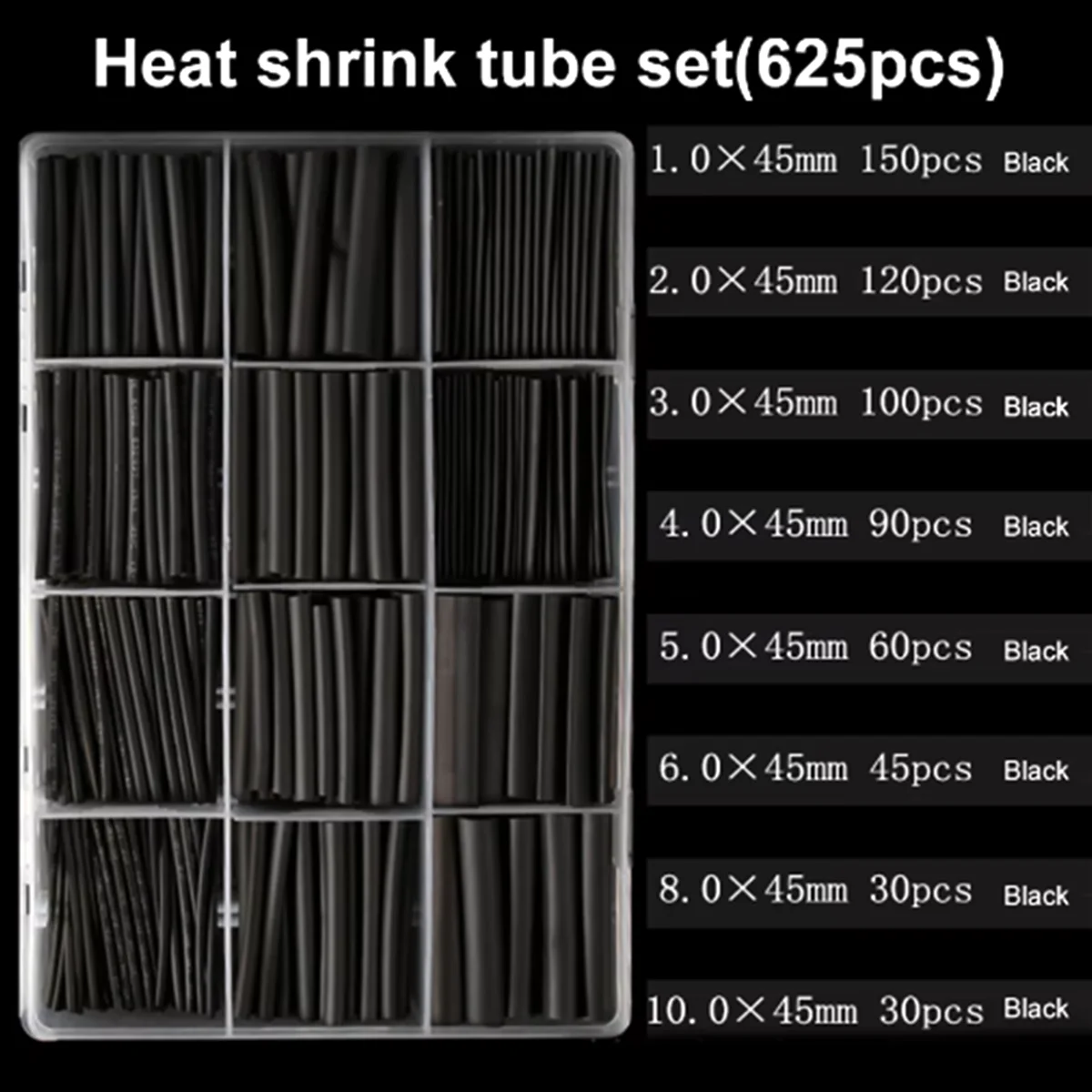 625pcs Thermoresistant tube Shrink wrapping 2:1 Black heat shrink Sleeving set Wire Cable Polyolefin Wrap Tubing
625pcs Thermoresistant tube Shrink wrapping 2:1 Black heat shrink Sleeving set Wire Cable Polyolefin Wrap Tubing