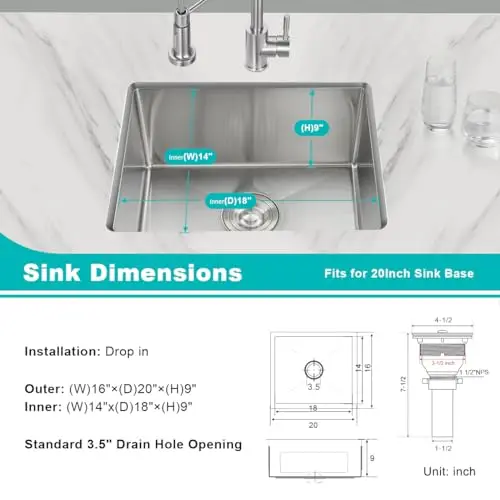 16x20 Inch Drop-In Single Bowl Kitchen Sink, 304 Stainless Steel Undermount Bar Sink With Brushed Finish
16x20 Inch Drop-In Single Bowl Kitchen Sink, 304 Stainless Steel Undermount Bar Sink With Brushed Finish