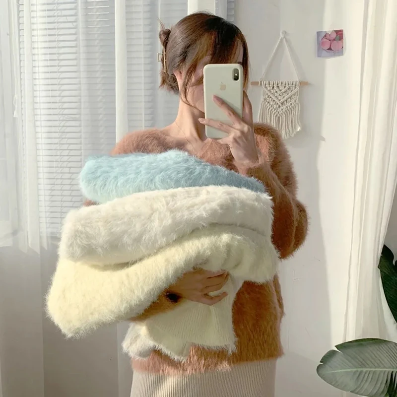 MEXZT Sweaters Women Faux Mink Cashmere Jumpers Korean Elegant V Neck Knitted Pullovers Sweet Solid Thick Loose Casual Knitwear
MEXZT Sweaters Women Faux Mink Cashmere Jumpers Korean Elegant V Neck Knitted Pullovers Sweet Solid Thick Loose Casual Knitwear