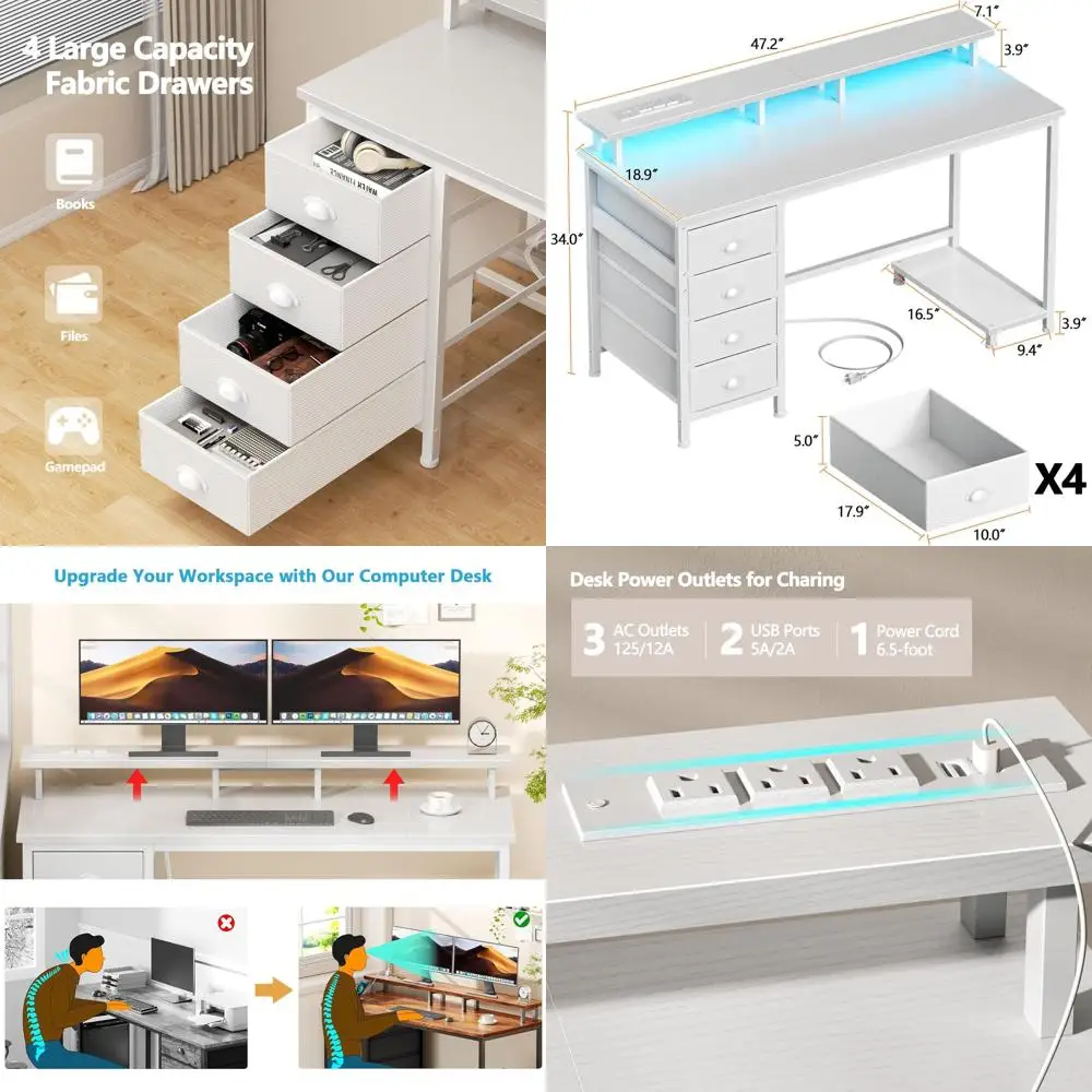 Компактный белый стол 47 дюймов с тканевыми ящиками, подставкой для монитора, светодиодной подсветкой, розетками — идеально подходит для игр, домашнего офиса, учебы
Компактный белый стол 47 дюймов с тканевыми ящиками, подставкой для монитора, светодиодной подсветкой, розетками — идеально подходит для игр, домашнего офиса, учебы
