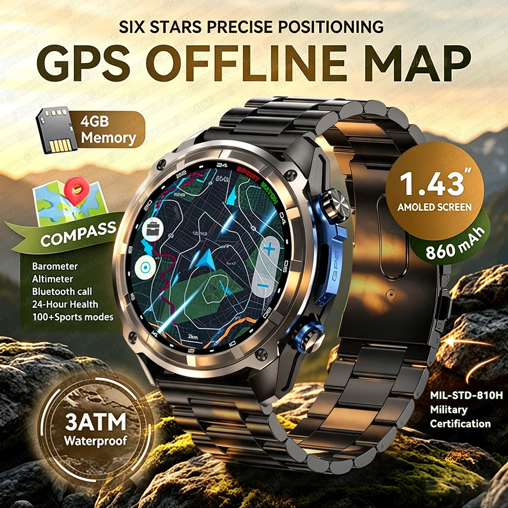 Newly Military 4GB Memory GPS Sports SmartWatch Offline Map 1.43" AMOLED Display 3ATM Flashlight Compass Fitness Call Smartwatch
Newly Military 4GB Memory GPS Sports SmartWatch Offline Map 1.43" AMOLED Display 3ATM Flashlight Compass Fitness Call Smartwatch
