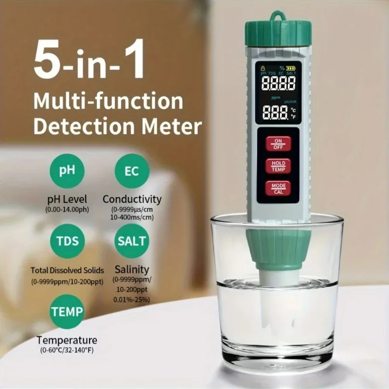 Portable 5-in-1 Water Quality Tester with High-Sensitivity Probe Measures TDS, EC, pH, Salt Temperature for Home Water Testing
Portable 5-in-1 Water Quality Tester with High-Sensitivity Probe Measures TDS, EC, pH, Salt Temperature for Home Water Testing