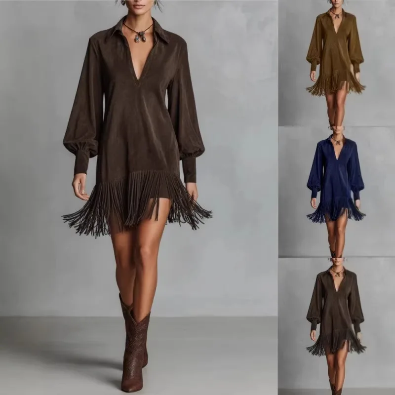 2026 new women's solid color European and American retro style lapel hem tassel long sleeved dress
2026 new women's solid color European and American retro style lapel hem tassel long sleeved dress